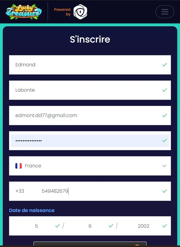 Comment S'inscrire sur Lucky Treasure